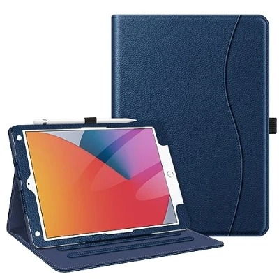 Afbeelding van Fintie Hoesje voor iPad 9e / 8e 7e generatie (2021/2020/2019) 10,2 inch [hoekbescherming] Multi Angle Viewing Stand Cover met Pocket &amp; Pencil Holder, Auto Sleep Wake, Navy