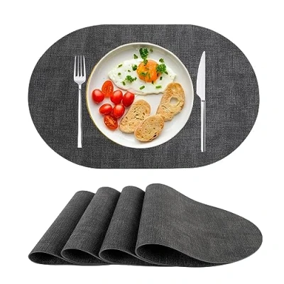 Afbeelding van Afwasbare placemats van kunstleer, hittebestendig, antislip, voor eettafel, keuken, ovaal, zwart, 4 stuks