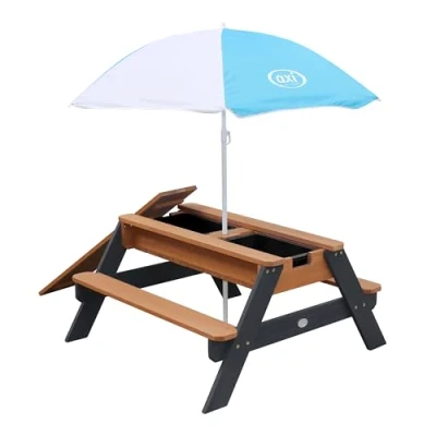 Afbeelding van AXI Nick Zand &amp; Water Picknicktafel in Antraciet/Bruin Met Parasol Blauw/Wit Multifunctionele Picknick tafel van FSC hout voor kinderen