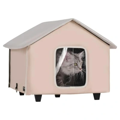 Image de VEVOR Maison Niche Chat Surélevée Chauffée Extérieur Coussin Chauffant Marron M