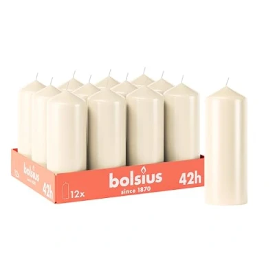Afbeelding van Bolsius 12 stuks stompkaarsen, glad, ivoor, 15 x 7 cm, decoratief, brandduur 42 uur, geurvrij, bevat natuurlijke plantaardige was, zonder palmolie