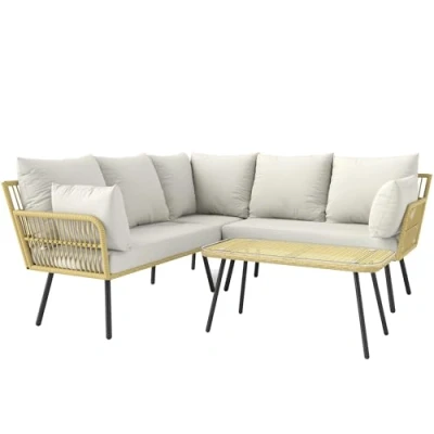 Afbeelding van Outsunny Tuinmeubelset voor buiten, 5 zits, met rechthoekige salontafel en kussens, bohemien design, van polyrotan