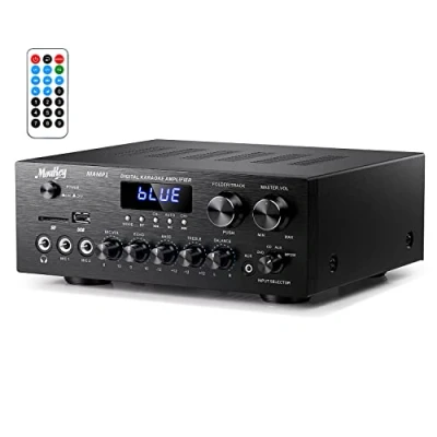 Afbeelding van Moukey Home Audioversterker Stereo ontvangers met Bluetooth 5.0, 220W 2 kanaals eindversterker stereosysteem, w/USB, SD, AUX, MIC in w/Echo, LED voor thuisbioscoopluidsprekers via RCA, studiogebruik MAMP1