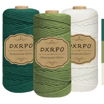 Afbeelding van DXRPO Set van 3 macramégaren, mm x 100 m, katoengaren voor doe het zelf handwerk, hangplanten, Kerstmis, boho decoratie (natuur, olijfgroen, donkergroen)