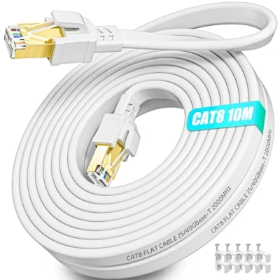 Afbeelding van Cat 8 Ethernet kabel, 10 m, high speed afgeschermd, FTP, 40 Gbit/s, 2000 MHz, 8, ethernetkabel, vezel, RJ45 Gigabit 8P8C, platte netwerkkabel, voor Switch Router PS5/4 Xbox Modem PC