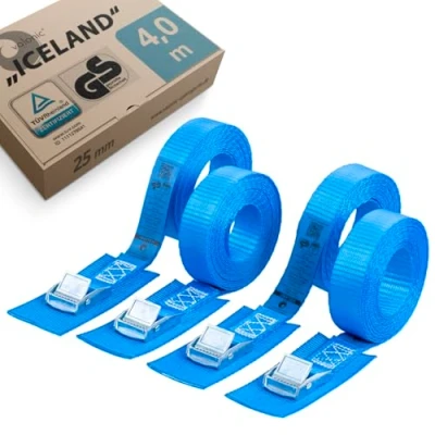 Afbeelding van valonic ICELAND Spanbanden met klemgesp, TÜV Rheinl / GS getest, pad, 4 stuks, m, 25 mm, 250 kg EN 12195 2, blauw, fietsriemen
