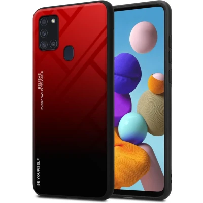 Afbeelding van Cadorabo Hoesje geschikt voor Samsung Galaxy A21s in ROOD ZWART Tweekleurige beschermhoes van TPU silicone Case Cover en achterzijde gehard glas