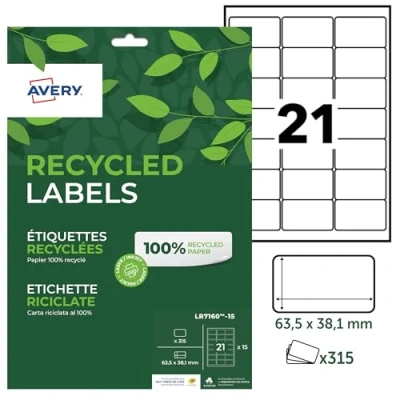 Afbeelding van AVERY Zak met 315 etiketten van 100% gerecycled papier, personaliseerbaar, bedrukbaar, formaat 63,5 x 38,1 mm, laser en inkjetprinter, (LR7160 15)