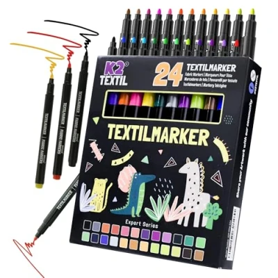 Afbeelding van K2 TEXTIL 12 Set van 24 machinewasbare textielmarkers, textielmarkers om te beschilderen, textielkleuren voor textiel en schoenen, kindvriendelijk (24)