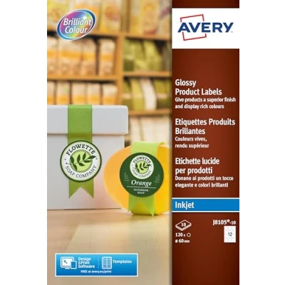 Afbeelding van AVERY 120 ronde etiketten, glanzend, personaliseerbaar, bedrukbaar, diameter 60 mm, inkjetdruk, (J8105 10)
