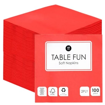 Afbeelding van Talking Tables 100 stuks rode papieren servetten, grote verpakking, feestservetten, verjaardag, Kerstmis, catering, bruiloft, servies, wegwerpservetten, recyclebaar, gemaakt in