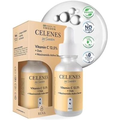 Afbeelding van Celenes by Sweden Gezichtsserum serum vitamine C (12,5%) en niacinamide 30 ml, haverextract preventie + hydratatie zonder alcohol, parfum, parabenen hydraterend verhelderend