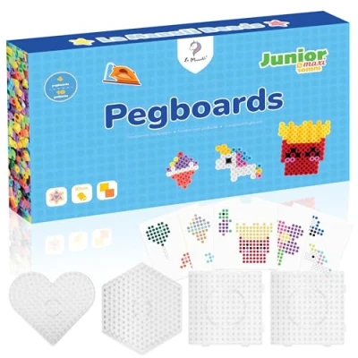 Afbeelding van La Manuli Grote 10 mm strijkkralenplaten 4 XL platen en kleurrijke modellen voor kinderen vanaf 3 jaar, set van 2 veilige transparante strijkfolie in elkaar grijpende kralen