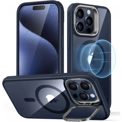 Afbeelding van ESR Classic Hybrid HaloLock Hoesje Geschikt voor Apple iPhone 15 Pro Max Compatibel met MagSafe Back Cover Standaard Camera Kickstand Transparant Blauw