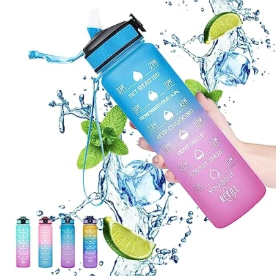Afbeelding van Gaiayhc 1 liter sportwaterfles met tijdmarkering en rietje, lekvrij design voor sport, wandelen, fitnessstudio, fitness, outdoor, fietsen, school kantoor, kleurverloop, paars, blauw