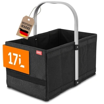 Afbeelding van Boodschappenmand opvouwbaar, draagmand met aluminium handgreep, opvouwbare mand, picknickmand, boodschappentas, klapbox, mandbox, 40 x 24 20 cm (zwart)