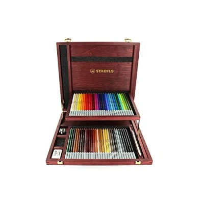 Afbeelding van STABILO CarbOthello Kalkpastel Kleurpotloden Luxe Houten Kist 60 Kleuren Speciale Puntenslijper Kneedgum En Doezelaar