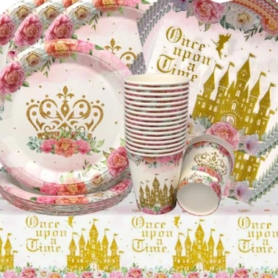 Afbeelding van Doyomtoy Set van 61 verjaardagskaarten voor meisjes Kasteelmotief Rozenblaadjes motief Mokborden Servetten kinderverjaardag Babyshower decoratie