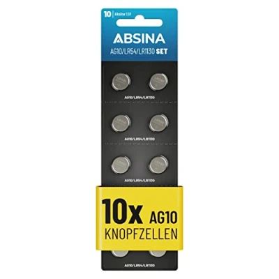 Afbeelding van ABSINA 10 stuks AG10 LR1130 alkaline knoopcellen, 1,5 V, lekvrij, lange levensduur, LR54 / V10GA RW49 G10A 189 GP189 L1130 89A