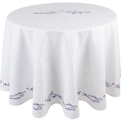 Afbeelding van Clayre &amp; Eef Tafelkleed Ø 170 cm Wit Blauw Katoen Rond Vissen