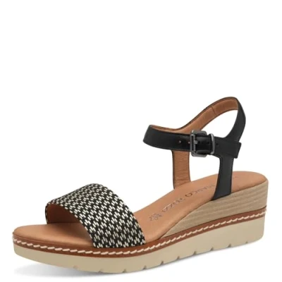 Afbeelding van Marco Tozzi Sandalen met sleehak, Dames, Maat: 39, Black Leer en textiel