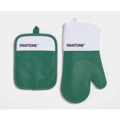 Afbeelding van Pantone™ Keukenset bestaande uit ovenwant + pannenlappen van katoen met antislip siliconen handvat Nuttige keukenaccessoires hittebestendig tot 250 C wit/groen