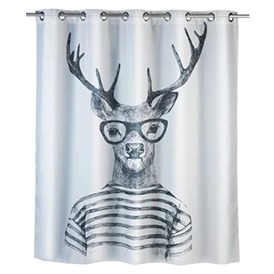 Afbeelding van WENKO Flex Mr. Deer Douchegordijn, antischimmel, antibacterieel, wasbaar, geïntegreerde ringen, polyester, 180 x 200 cm, wit
