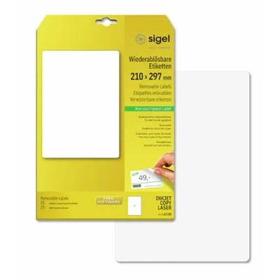 Afbeelding van Sigel LA230 Universele etiketten 210 x 297 mm Papier Wit 25 stuk(s) Weer verwijderbaar Inkjet, Laser (zwart/wit), (kleur), Kopiëren