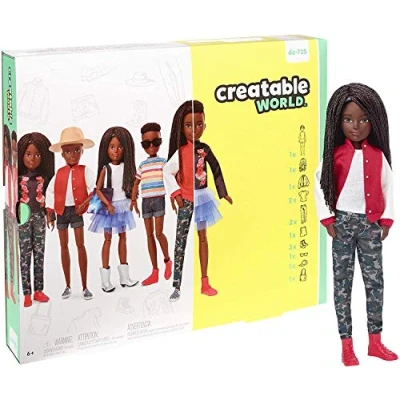 Afbeelding van Creatable World Mattel GGG55 Pop om te personaliseren met zwart haar, kleding en accessoires, creatief speelgoed voor kinderen vanaf 6 jaar,