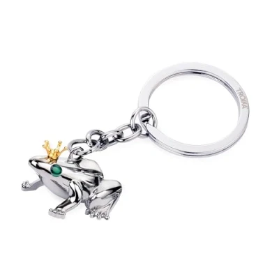 Afbeelding van TROIKA FROSCHKÖNIG Kikkersleutelhanger met kroon gegoten metaal chroom zilverkleurig, kleur goud, groen origineel, Kleur: zilver, 7,8 x 3,5 2 cm, zilverkleurig