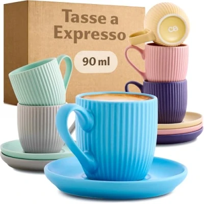 Afbeelding van Cosumy Tasse à Café Expresso avec Anse 6 Tasses 90ml Soucoupes Motif Unique rayures Céramique Couleur Pastelle Mate Lavable en lave Vaisselle