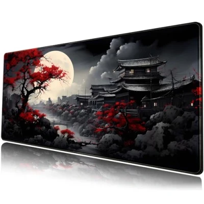 Afbeelding van Riverside Japanse Volle Maan Zwart Rood Bureauonderlegger Grote XXL Gaming Muismat Uitgebreid 80 x 30 cm voor Laptop en Bureaudecoratie