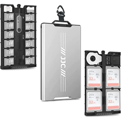 Afbeelding van JJC Ultradunne metalen hoes voor geheugenkaart 12 Micro SD TF MSD kaarten + 4 2 nano simkaarten met platte karabijnhaak SIM kaart verwijderingsgereedschap en mini liniaal