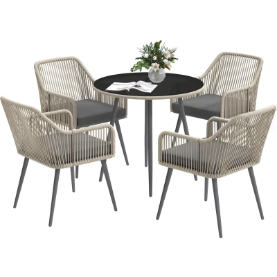 Afbeelding van Outsunny Tuinmeubelset voor buiten, polyrotan, 4 zits, tuintafel en stoelen met kussens ronde glazen tafel, terras, patio, balkon, bruin