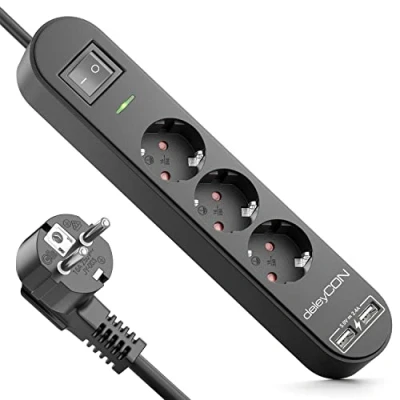 Afbeelding van deleyCON 3,0 m stekkerdoos met 3 vakken USB, x geaarde stopcontacten, 2 USB A oplaadaansluiting, bijv. mobiele telefoon en tablet, overspanningsbeveiliging, aan/uit knop, zwart