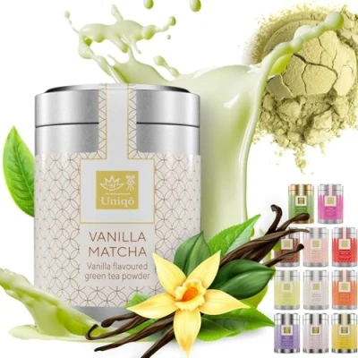 Afbeelding van Tea Uniqo Matcha vanillethee, ideaal om te drinken, voor ijs, latte, milkshakes, of mee koken, Japans groenetheepoeder met vanillesmaak, zonder kunstmatige kleurstoffen