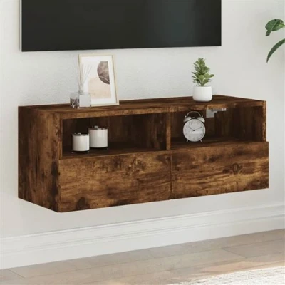 Afbeelding van Tv wandmeubel 80x30x30 cm bewerkt hout gerookt eikenkleurig