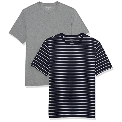 Image de Amazon Essentials Lot de 2 t shirts à manches courtes et col rond, pour homme, coupe ajustée, gris chiné/bleu marine, taille XS