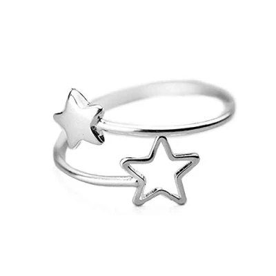 Afbeelding van Open dubbele ster ring voor vrouwen tieners meisjes S925 sterling zilver delicate verstelbare dunne verlovingsring cadeau beste vriendin dochter verjaardag witgoud, Witgoud