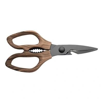 Afbeelding van Rockingham Forge Forester keukenschaar van roestvrij staal met zwarte oxidecoating, ergonomische houten handgreep, 9,5 x 1 20 cm