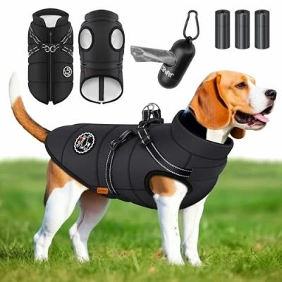 Afbeelding van LOVPET® Hondenjas Hondenvacht Met Harnas Waterafstotend, incl. 45 Stuks Poepzak + Dispenser, Winter Vest Hond Waterdicht Gevoerd, Gewatteerd Borstband, Reflectoren, D Ring Zwart / 3XL