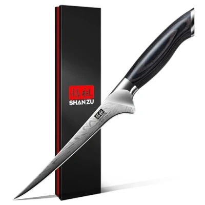 Afbeelding van SHAN ZU Couteau à Fileter Japonais 18 cm, Professionnel en Acier Poudré, Lame Tranchante, Manche Ergonomique Bois de Pakka