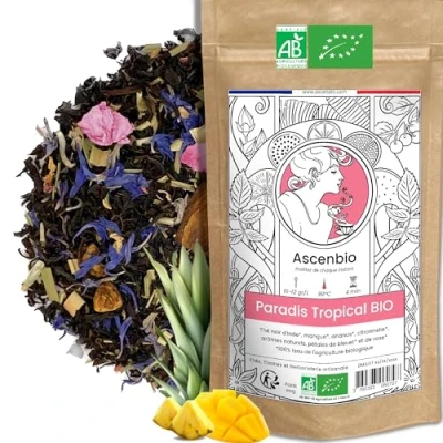 Image de Ascenbio ✿ Thé Noir Paradis Tropical BIO Mangue, Ananas et Citron 180g vrac Préparé conditionné en France Emballage biodégradable