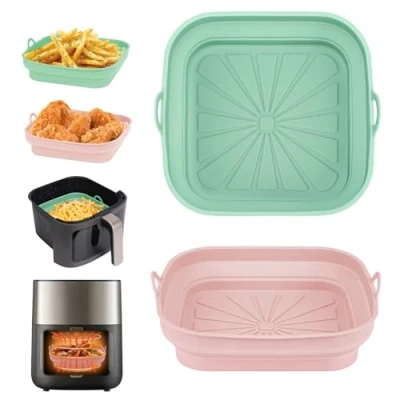 Image de Alyvisun Lot de 2 doublures en silicone réutilisables pour friteuse à air comprimé Accessoires cuisine pliables Panier cuisson carré polyvalent micro ondes, four, rose + vert