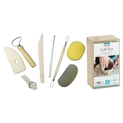 Image de GLOREX 6 8075 301K Kit d&#039;argile douce 2500 g Blanche Durcit à l&#039;air ou inflammable 8 pièces avec outil de modelage résistant