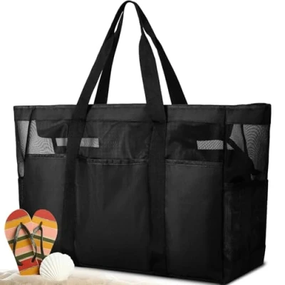Afbeelding van MULEVIP XXL strandtas voor familie, dames, met ritssluiting, strandtas, opvouwbare strand, zwembad, sportschool, reizen, veelzijdig
