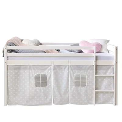 Afbeelding van Homestyle4u 1888, Loft wit bed 90 x 200 kinderen, gordijn met sterren, hout