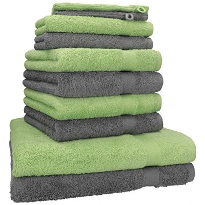 Afbeelding van Premium badstof handdoekenset 10 delig 2x douchehanddoeken 4x handdoeken gastendoekjes washandjes antraciet &amp; appelgroen
