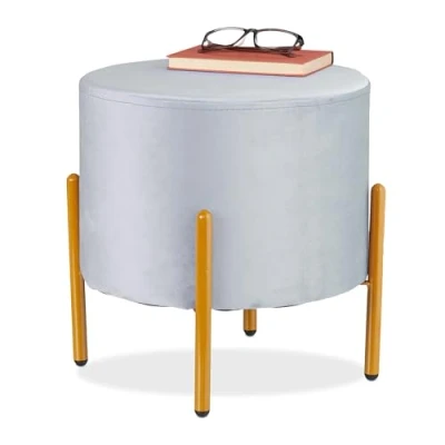 Afbeelding van Relaxdays velvet poef metalen pootjes 39 x 37 cm tot 100 kg grijs goud