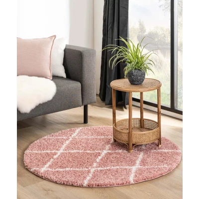 Afbeelding van Rond Hoogpolig Tapijt/Vloerkleed Ruiten Habitat Roze/wit 80 Cm